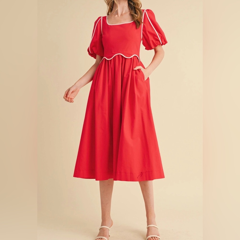 &MERCI CONTRAST BINDING SCALLOPED MIDI DRESS Size Medium NWT
